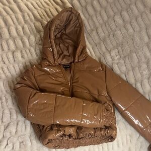 Glossy Tan Puffer Jacket for Women